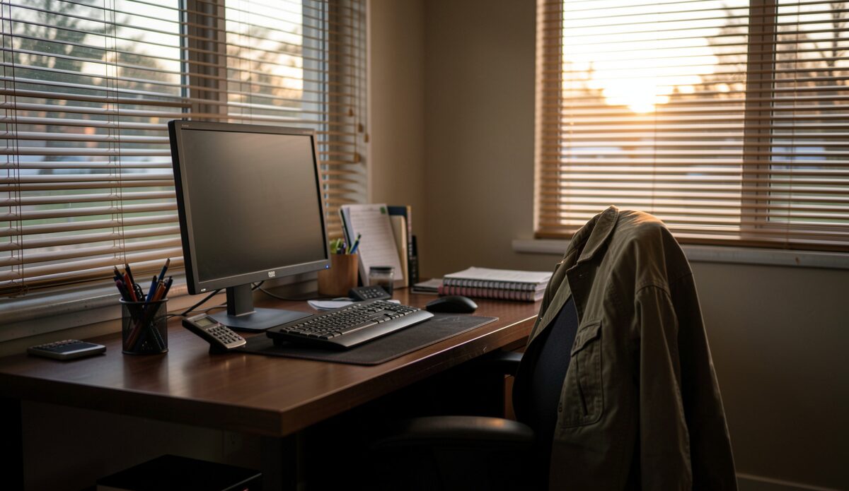 Een bureau aan het eind van de dag met een half leeg scherm, een jas over een stoel, avondlicht.