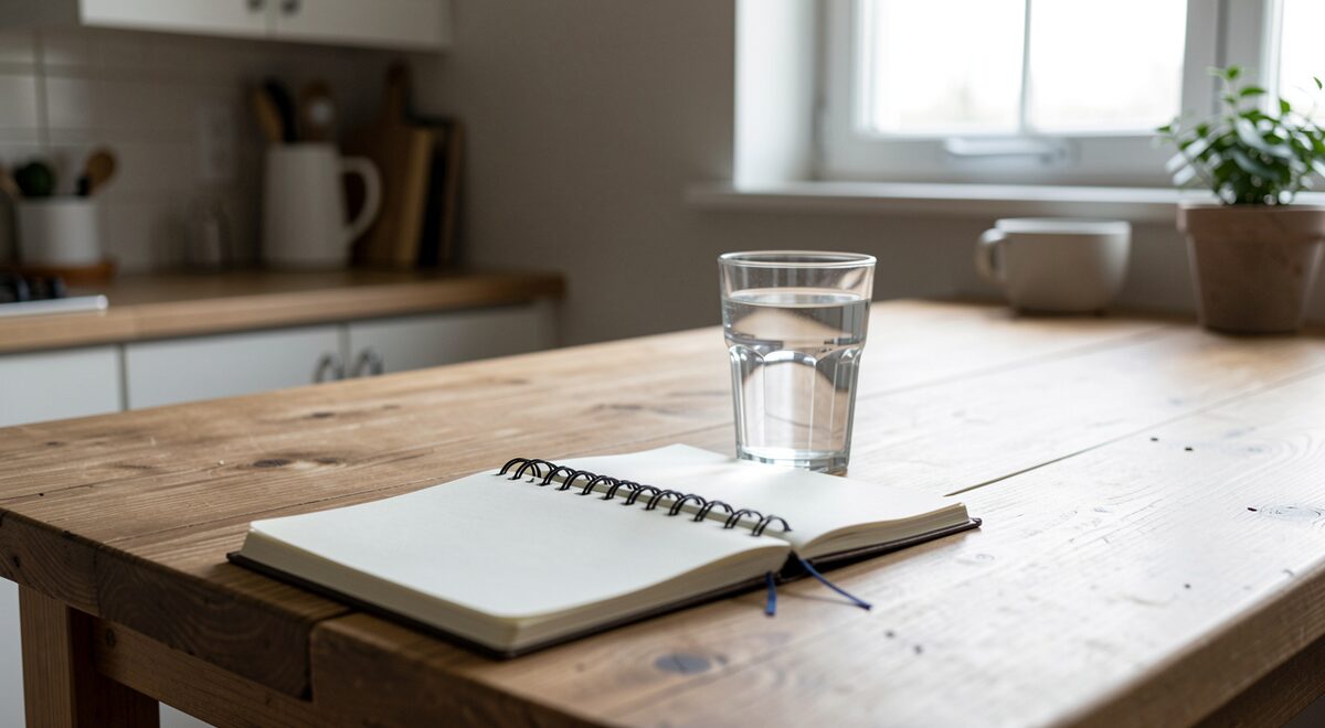 Een rustige ochtendtafel met een glas water, een notitieboekje en daglicht, geen schermen in beeld.