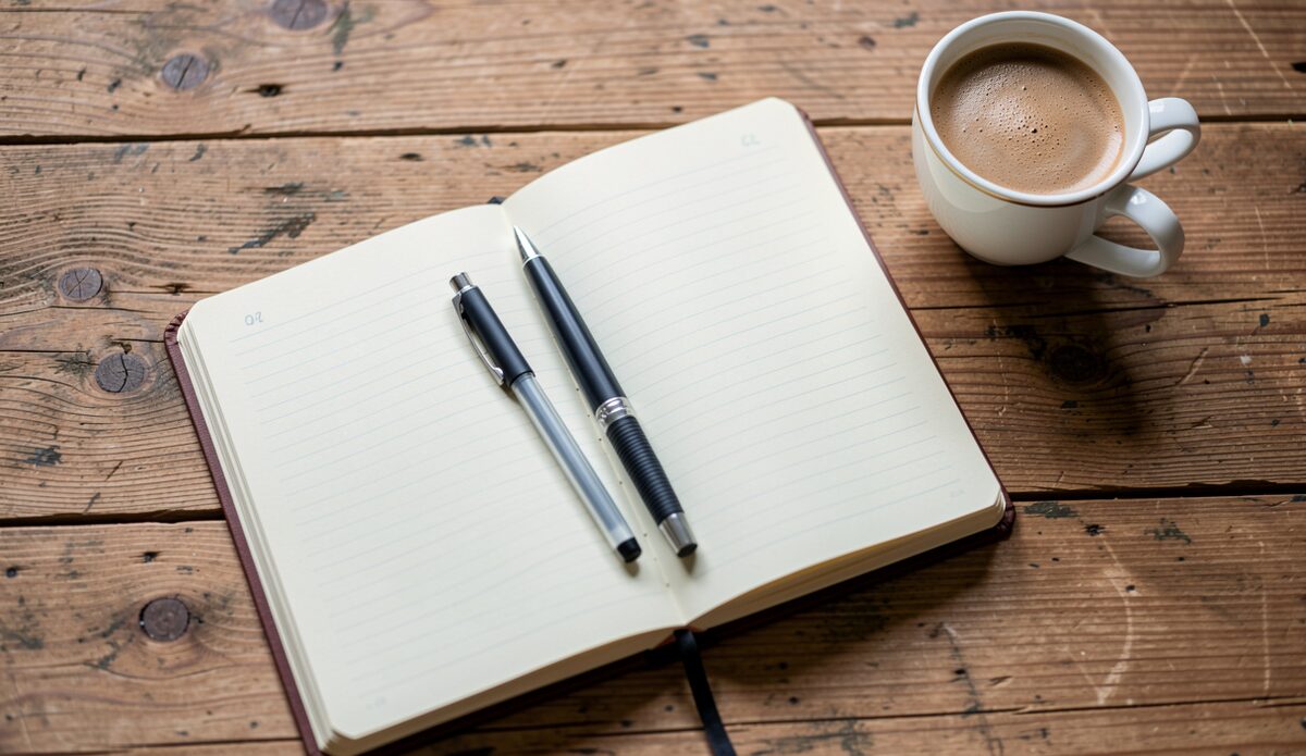 Een notitieboekje op een keukentafel met een pen, een kop koffie en een stillevensfeer in ochtendlicht.