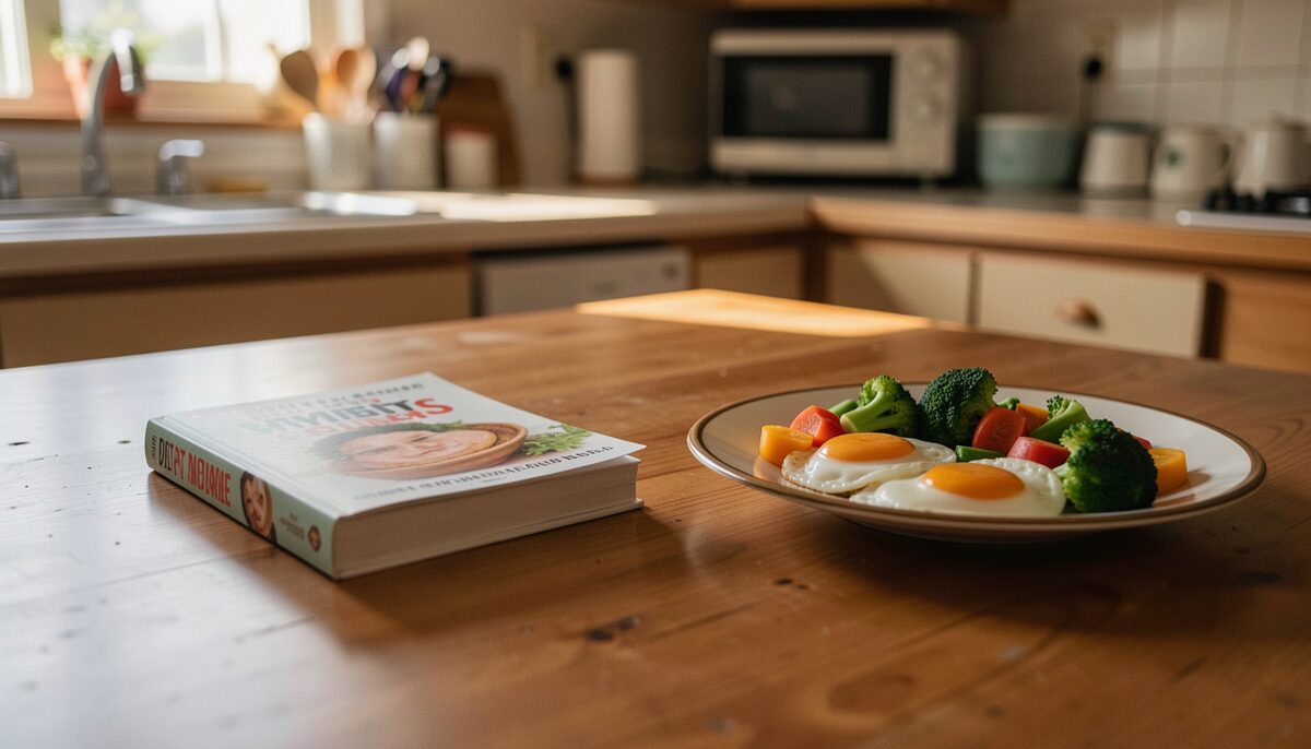 Een boek over diëten op een keukentafel naast een bord met eieren en groenten, retro jarennegentigsfeer.