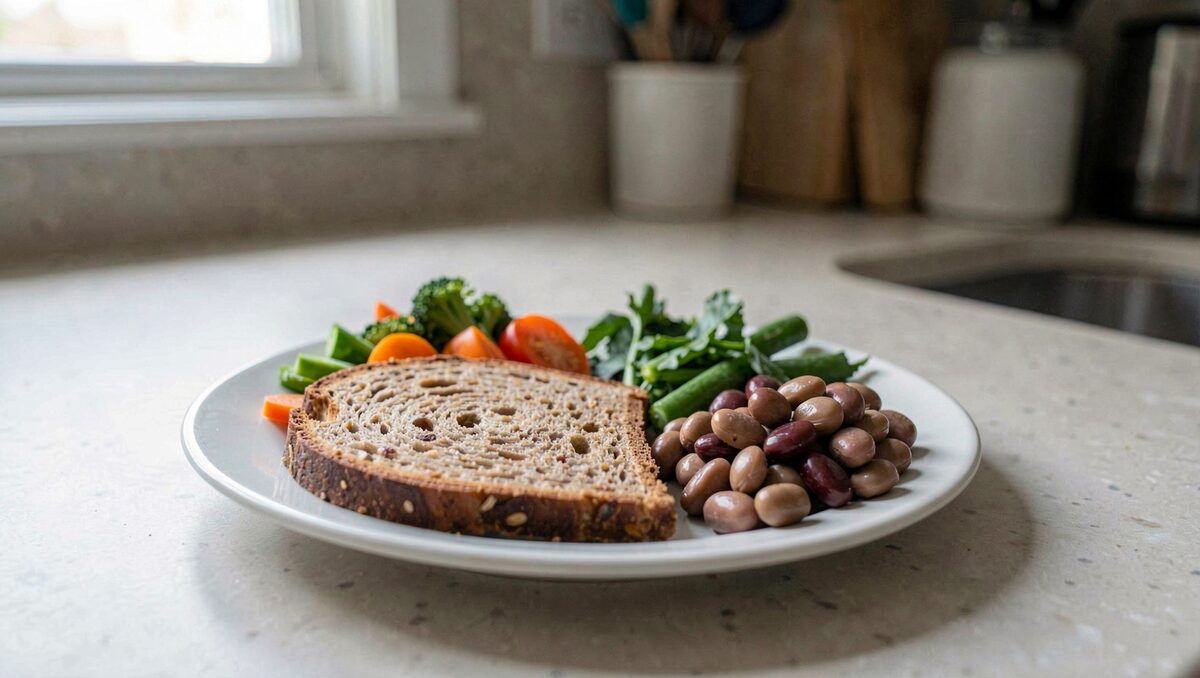 Een bord met volkorenbrood, groenten en peulvruchten op een keukenblad, natuurlijk daglicht.